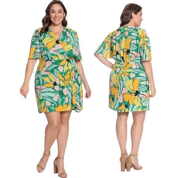 Maggy London Floral Printed Flutter Sleeve Dress Ruched Side Front Skirt Sz 16W - Picture 1 of 11